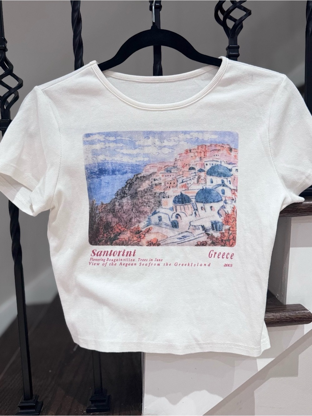 Santorini Cotton Graphic Crop Tee - White with Blue & Pink Print